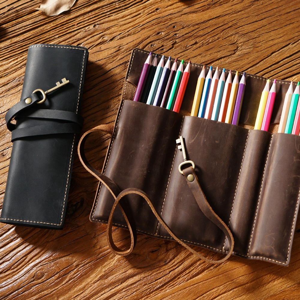Pen Pouch Roll - Retro Hakiki Deri El Yapımı Kalem